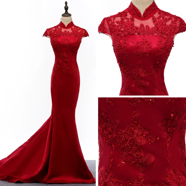 Style Chinois Rouge Transparentes Robe De Soirée 2019 Trompette / Sirène Col Haut Mancherons Appliques En Dentelle Paillettes Tribunal Train Volants Robe De Ceremonie