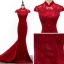 Style Chinois Rouge Transparentes Robe De Soirée 2019 Trompette / Sirène Col Haut Mancherons Appliques En Dentelle Paillettes Tribunal Train Volants Robe De Ceremonie