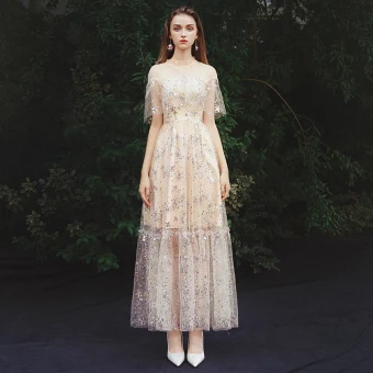 Abordable Champagne Été Transparentes Robe De Soirée 2019 Princesse Col Haut Sans Manches Glitter Tulle Longue Volants Robe De Ceremonie