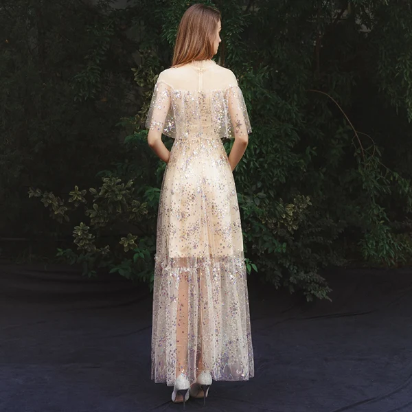 Affordable Champagne Summer See-through Evening Dresses 2019 A-Line / Princess High Neck Sleeveless Glitter Tulle Floor-Length / Long Ruffle Formal Dresses