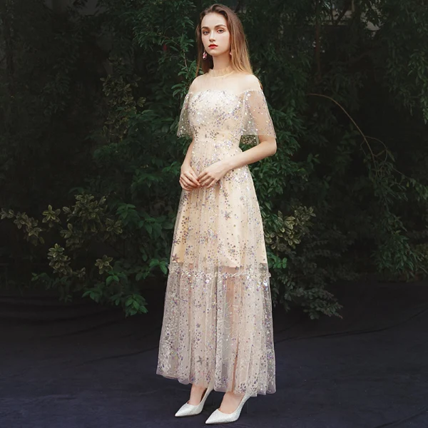Affordable Champagne Summer See-through Evening Dresses 2019 A-Line / Princess High Neck Sleeveless Glitter Tulle Floor-Length / Long Ruffle Formal Dresses
