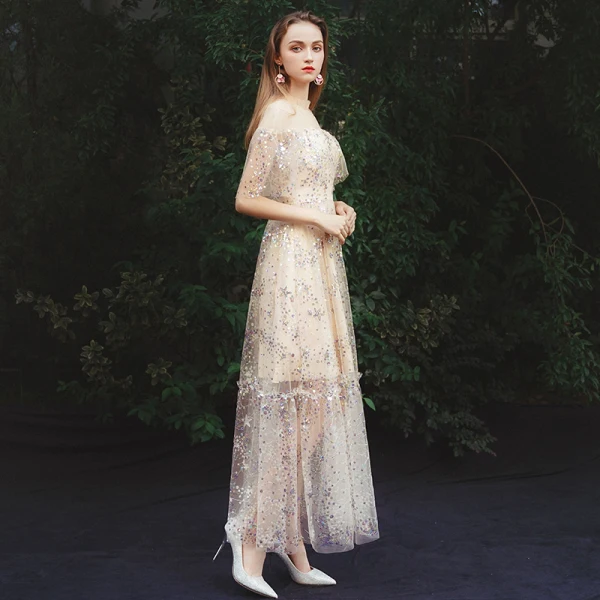 Affordable Champagne Summer See-through Evening Dresses 2019 A-Line / Princess High Neck Sleeveless Glitter Tulle Floor-Length / Long Ruffle Formal Dresses