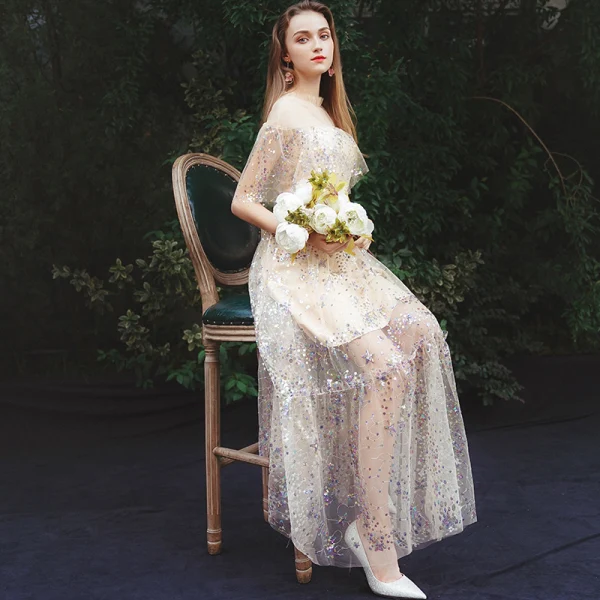 Affordable Champagne Summer See-through Evening Dresses 2019 A-Line / Princess High Neck Sleeveless Glitter Tulle Floor-Length / Long Ruffle Formal Dresses