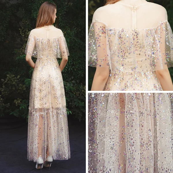 Affordable Champagne Summer See-through Evening Dresses 2019 A-Line / Princess High Neck Sleeveless Glitter Tulle Floor-Length / Long Ruffle Formal Dresses