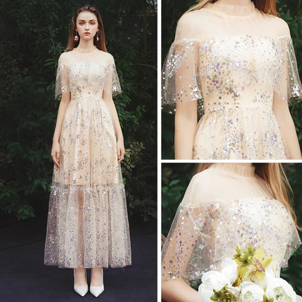 Affordable Champagne Summer See-through Evening Dresses 2019 A-Line / Princess High Neck Sleeveless Glitter Tulle Floor-Length / Long Ruffle Formal Dresses