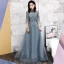 Modern / Fashion Champagne See-through Evening Dresses  2019 A-Line / Princess High Neck Bell sleeves Appliques Lace Beading Floor-Length / Long Backless Formal Dresses