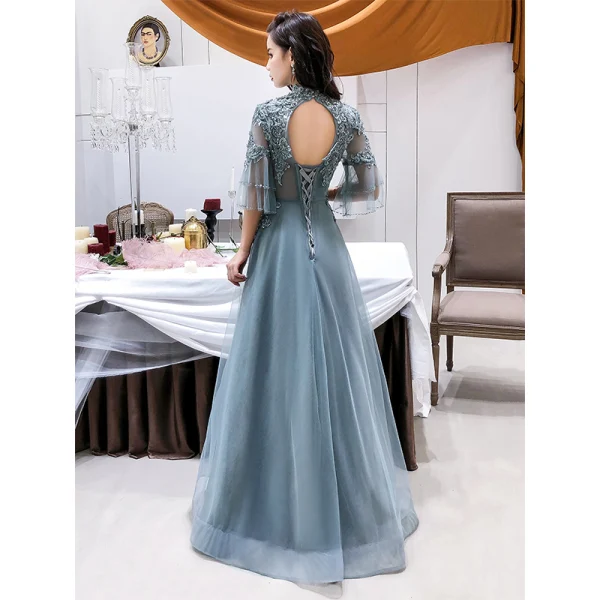 Modern / Fashion Champagne See-through Evening Dresses 2019 A-Line / Princess High Neck Bell sleeves Appliques Lace Beading Floor-Length / Long Backless Formal Dresses