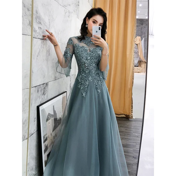Modern / Fashion Champagne See-through Evening Dresses 2019 A-Line / Princess High Neck Bell sleeves Appliques Lace Beading Floor-Length / Long Backless Formal Dresses