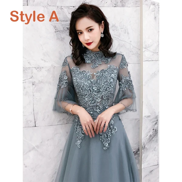 Modern / Fashion Champagne See-through Evening Dresses 2019 A-Line / Princess High Neck Bell sleeves Appliques Lace Beading Floor-Length / Long Backless Formal Dresses