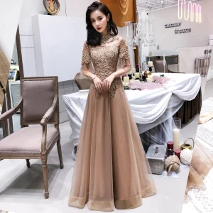 Moderne Mode Champagne Transparentes Robe De Soirée 2019 Princesse Col Haut Manches De Cloche Appliques En Dentelle Perlage Longue Dos Nu Robe De Ceremonie
