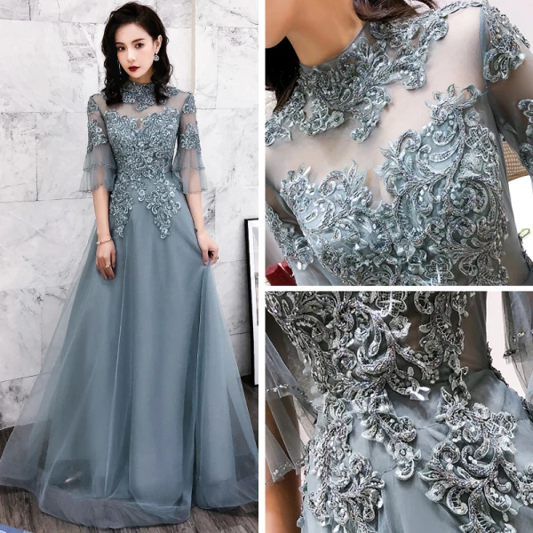 Modern / Fashion Champagne See-through Evening Dresses 2019 A-Line / Princess High Neck Bell sleeves Appliques Lace Beading Floor-Length / Long Backless Formal Dresses
