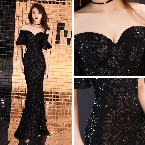 Erschwinglich Schwarz Abendkleider 2019 Meerjungfrau Off Shoulder Kurze Ärmel Pailletten Lange Rüschen Rückenfreies Festliche Kleider