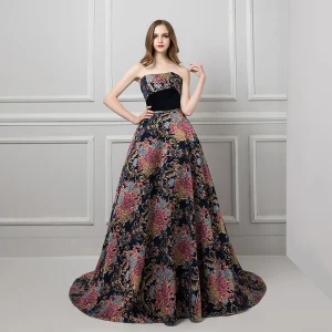 Colored Black Prom Dresses 2019 A Line Princess Strapless Sleeveless Multi Colors Printing Flower Beading Sash Court Train Ruffle Backless Formal Dresses