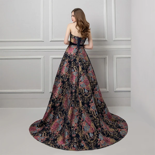 Colored Black Prom Dresses 2019 A-Line / Princess Strapless Sleeveless Multi-Colors Printing Flower Beading Sash Court Train Ruffle Backless Formal Dresses