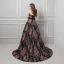 Colored Black Prom Dresses 2019 A-Line / Princess Strapless Sleeveless Multi-Colors Printing Flower Beading Sash Court Train Ruffle Backless Formal Dresses