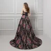Colored Black Prom Dresses 2019 A-Line / Princess Strapless Sleeveless Multi-Colors Printing Flower Beading Sash Court Train Ruffle Backless Formal Dresses