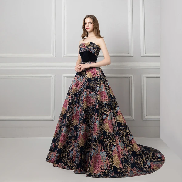 Colored Black Prom Dresses 2019 A-Line / Princess Strapless Sleeveless Multi-Colors Printing Flower Beading Sash Court Train Ruffle Backless Formal Dresses