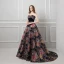 Colored Black Prom Dresses 2019 A-Line / Princess Strapless Sleeveless Multi-Colors Printing Flower Beading Sash Court Train Ruffle Backless Formal Dresses