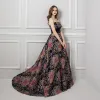 Colored Black Prom Dresses 2019 A-Line / Princess Strapless Sleeveless Multi-Colors Printing Flower Beading Sash Court Train Ruffle Backless Formal Dresses