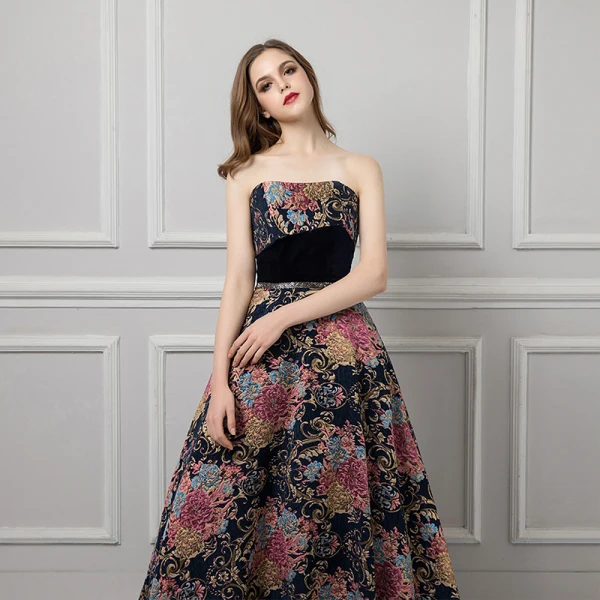 Colored Black Prom Dresses 2019 A-Line / Princess Strapless Sleeveless Multi-Colors Printing Flower Beading Sash Court Train Ruffle Backless Formal Dresses