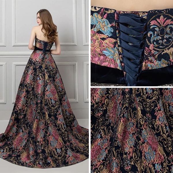 Colored Black Prom Dresses 2019 A-Line / Princess Strapless Sleeveless Multi-Colors Printing Flower Beading Sash Court Train Ruffle Backless Formal Dresses