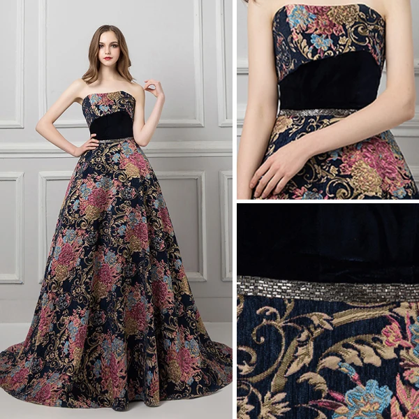 Colored Black Prom Dresses 2019 A-Line / Princess Strapless Sleeveless Multi-Colors Printing Flower Beading Sash Court Train Ruffle Backless Formal Dresses