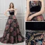 Colored Black Prom Dresses 2019 A-Line / Princess Strapless Sleeveless Multi-Colors Printing Flower Beading Sash Court Train Ruffle Backless Formal Dresses