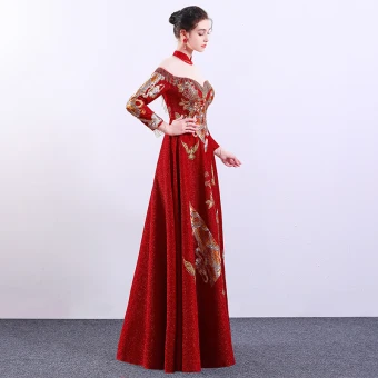 Chinese Stijl Rode Doorzichtige Avondjurken 2019 A Lijn Hoge Kraag Lange Mouwen Geborduurde Bloem Rhinestone Lange Gelegenheid Jurken