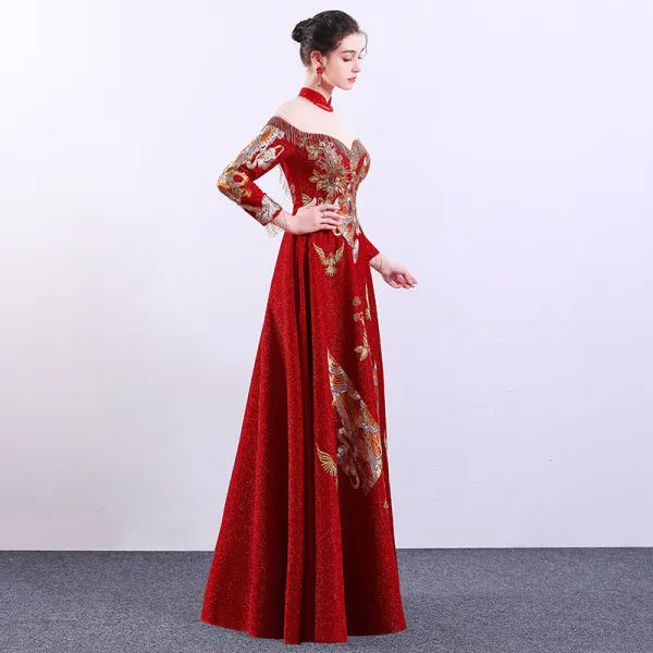 Style Chinois Rouge Transparentes Robe De Soirée 2019 Princesse Col Haut Manches Longues Brodé Fleur Faux Diamant Longue Robe De Ceremonie