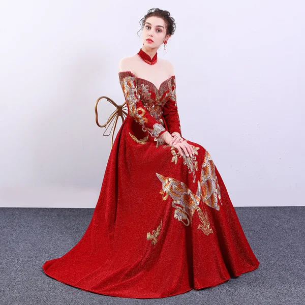 Chinese style Red See-through Evening Dresses  2019 A-Line / Princess High Neck Long Sleeve Embroidered Flower Rhinestone Floor-Length / Long Formal Dresses