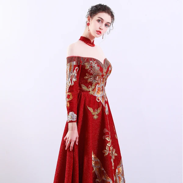Chinese style Red See-through Evening Dresses  2019 A-Line / Princess High Neck Long Sleeve Embroidered Flower Rhinestone Floor-Length / Long Formal Dresses