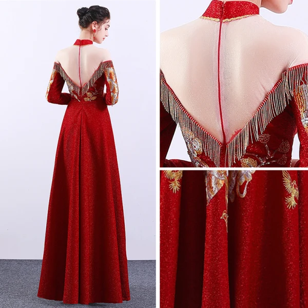 Chinese style Red See-through Evening Dresses  2019 A-Line / Princess High Neck Long Sleeve Embroidered Flower Rhinestone Floor-Length / Long Formal Dresses