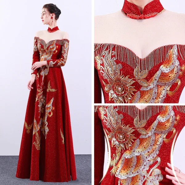 Chinese style Red See-through Evening Dresses  2019 A-Line / Princess High Neck Long Sleeve Embroidered Flower Rhinestone Floor-Length / Long Formal Dresses