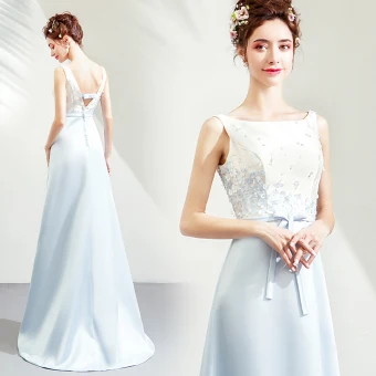 Elegant Sky Blue Satin Bridesmaid Dresses 2019 A Line Princess Square Neckline Sleeveless Sash Appliques Flower Beading Sweep Train Backless Wedding Party Dresses