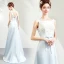 Elegante Himmelblau Satin Brautjungfernkleider 2019 A Linie Eckiger Ausschnitt Ärmellos Stoffgürtel Applikationen Blumen Perlenstickerei Sweep / Pinsel Zug Rückenfreies Kleider Für Hochzeit