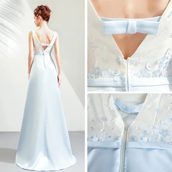 Elegante Himmelblau Satin Brautjungfernkleider 2019 A Linie Eckiger Ausschnitt Ärmellos Stoffgürtel Applikationen Blumen Perlenstickerei Sweep / Pinsel Zug Rückenfreies Kleider Für Hochzeit