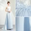 Elegante Himmelblau Satin Brautjungfernkleider 2019 A Linie Eckiger Ausschnitt Ärmellos Stoffgürtel Applikationen Blumen Perlenstickerei Sweep / Pinsel Zug Rückenfreies Kleider Für Hochzeit