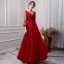 Luxury / Gorgeous Burgundy See-through Evening Dresses  2019 A-Line / Princess Deep V-Neck Puffy 3/4 Sleeve Handmade  Beading Glitter Tulle Floor-Length / Long Ruffle Backless Formal Dresses