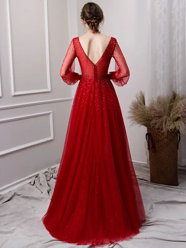 Luxury / Gorgeous Burgundy See-through Evening Dresses  2019 A-Line / Princess Deep V-Neck Puffy 3/4 Sleeve Handmade  Beading Glitter Tulle Floor-Length / Long Ruffle Backless Formal Dresses