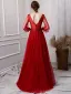 Luxury / Gorgeous Burgundy See-through Evening Dresses  2019 A-Line / Princess Deep V-Neck Puffy 3/4 Sleeve Handmade  Beading Glitter Tulle Floor-Length / Long Ruffle Backless Formal Dresses