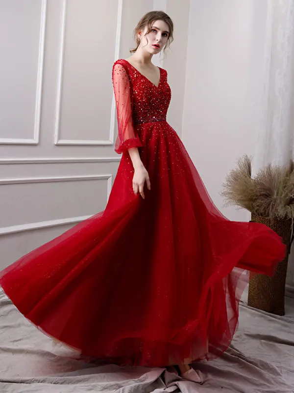 Luxury / Gorgeous Burgundy See-through Evening Dresses  2019 A-Line / Princess Deep V-Neck Puffy 3/4 Sleeve Handmade  Beading Glitter Tulle Floor-Length / Long Ruffle Backless Formal Dresses