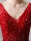 Luxury / Gorgeous Burgundy See-through Evening Dresses  2019 A-Line / Princess Deep V-Neck Puffy 3/4 Sleeve Handmade  Beading Glitter Tulle Floor-Length / Long Ruffle Backless Formal Dresses