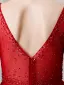 Luxury / Gorgeous Burgundy See-through Evening Dresses  2019 A-Line / Princess Deep V-Neck Puffy 3/4 Sleeve Handmade  Beading Glitter Tulle Floor-Length / Long Ruffle Backless Formal Dresses