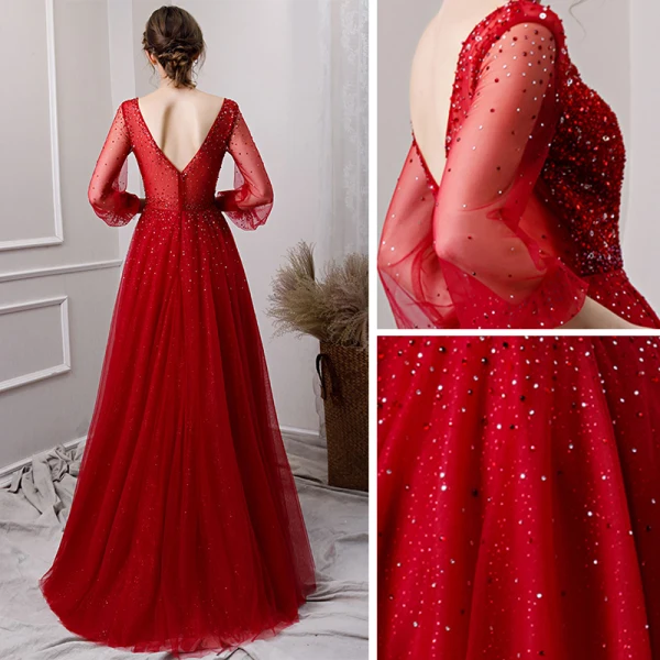 Luxury / Gorgeous Burgundy See-through Evening Dresses  2019 A-Line / Princess Deep V-Neck Puffy 3/4 Sleeve Handmade  Beading Glitter Tulle Floor-Length / Long Ruffle Backless Formal Dresses