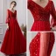 Luxury / Gorgeous Burgundy See-through Evening Dresses  2019 A-Line / Princess Deep V-Neck Puffy 3/4 Sleeve Handmade  Beading Glitter Tulle Floor-Length / Long Ruffle Backless Formal Dresses