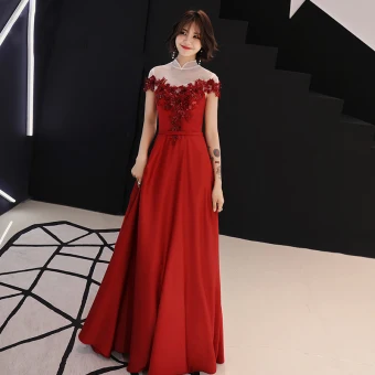 Chinese Style Red See Through Evening Dresses 2019 A Line Princess High Neck Cap Sleeves Sash Appliques Lace Beading Floor Length Long Backless Formal Dresses