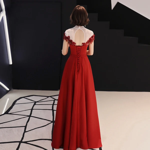 Chinese style Red See-through Evening Dresses  2019 A-Line / Princess High Neck Cap Sleeves Sash Appliques Lace Beading Floor-Length / Long Backless Formal Dresses