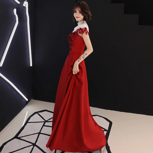 Chinese style Red See-through Evening Dresses  2019 A-Line / Princess High Neck Cap Sleeves Sash Appliques Lace Beading Floor-Length / Long Backless Formal Dresses
