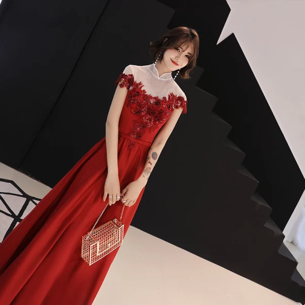 Chinese style Red See-through Evening Dresses  2019 A-Line / Princess High Neck Cap Sleeves Sash Appliques Lace Beading Floor-Length / Long Backless Formal Dresses