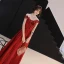 Chinese style Red See-through Evening Dresses  2019 A-Line / Princess High Neck Cap Sleeves Sash Appliques Lace Beading Floor-Length / Long Backless Formal Dresses